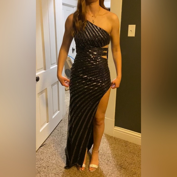 Black one shoulder sequin formal prom dress with side cut outs and a slit - Picture 2 of 5